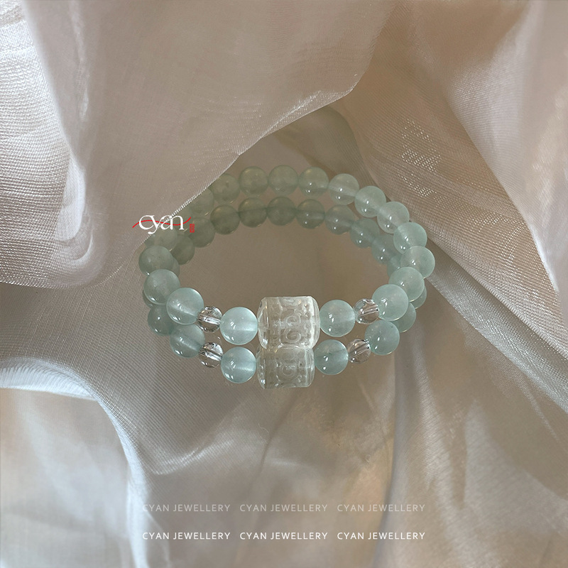 "Canglang" CYAN New Chinese Style National Style Transfer Beads Mint Green Chalcedony Bracelet Bracelet Elastic Niche Gift