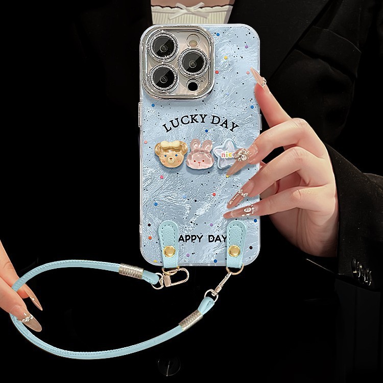 水玉クマウサギ人形 Apple 16 携帯電話ケース 13promax レザーストラップ 15 かわいい落下防止 14|undefined