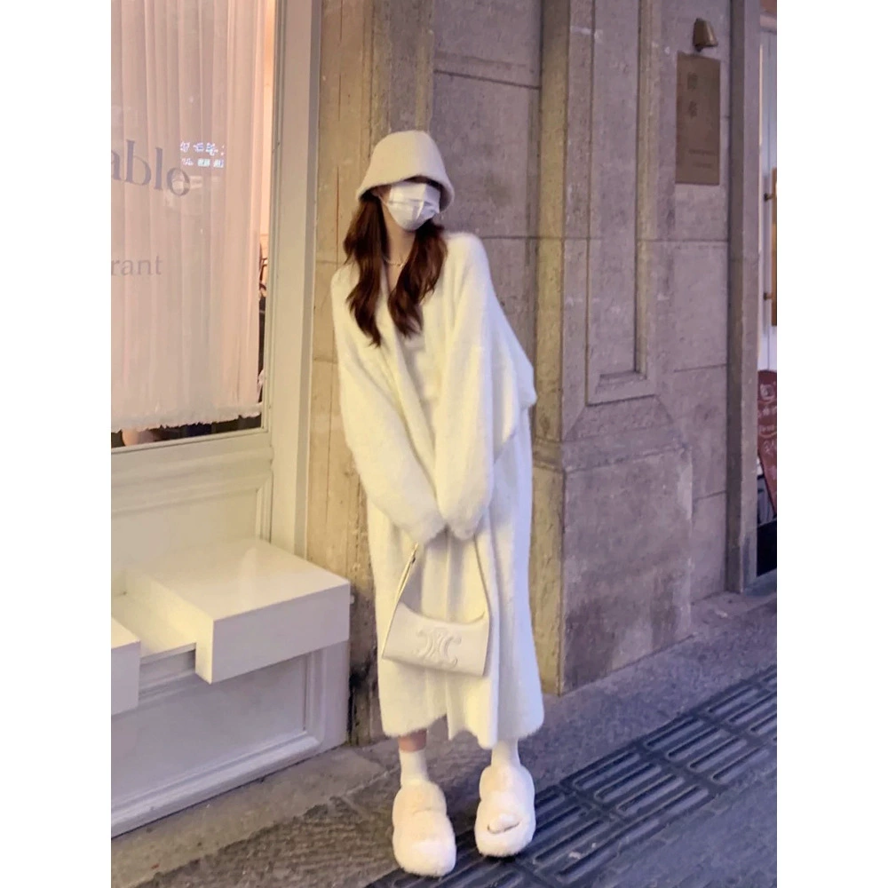 White velvet cardigan, long sweater, cashmere demi-season jacket, bathrobe, mid-length