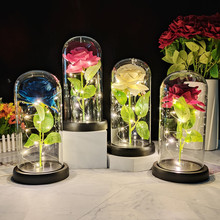 玻璃罩仿真玫瑰花摆件创意圣诞情人节礼物永生花小夜灯装饰品批发