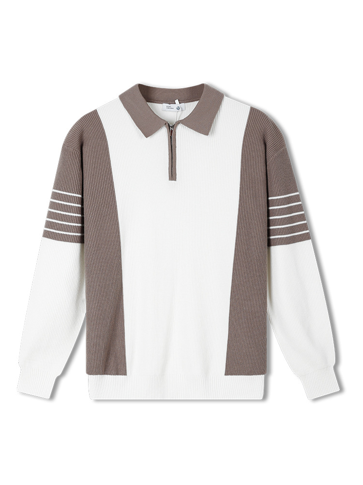 Cross-border hombre otoño invierno medio cremallera suéter de solapa hombre de negocios ocio rayas contraste polo suéter de punto