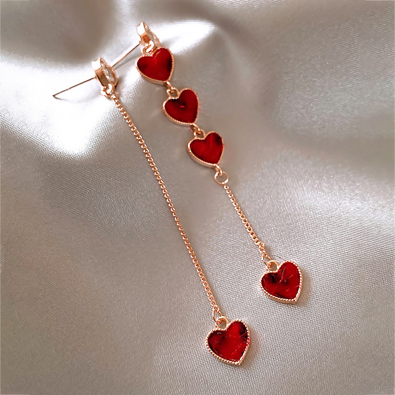 Simple Asymmetric Set With Rhinestones Red Heart Chain Earrings Wholesale display picture 5