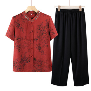 2025 new middle-aged women's clothing mother summer short sleeve shirt 60 70 grandma summer retro buckle suit