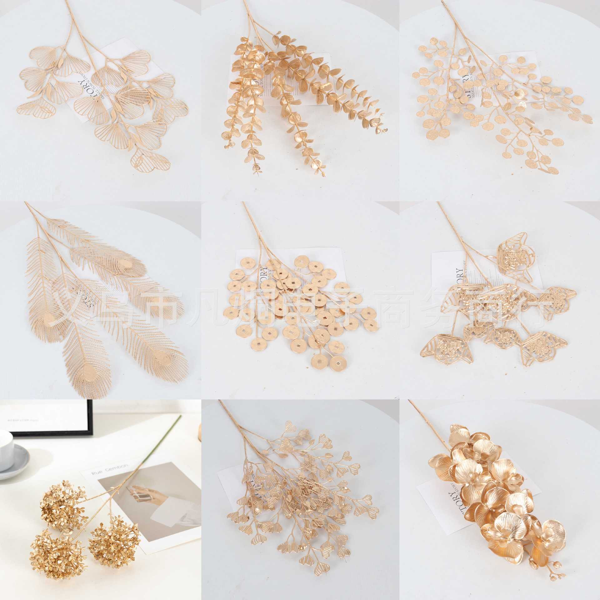 金色系仿真花仿真尤加利金叶子圣诞花材新年装饰配件年宵花塑料花