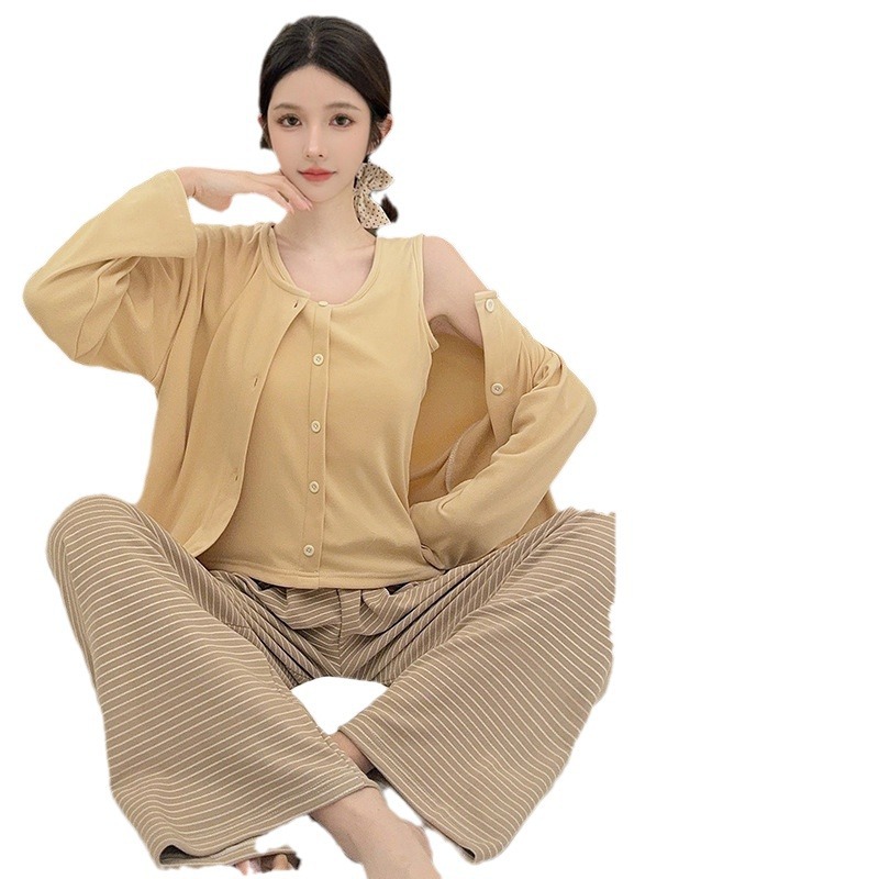 여자 가을과 겨울 긴 슬링 바지 가슴 패드 독일 벨벳 파자마 섹시한 달콤한 솔리드 컬러 외부 착용 홈 의류 세트