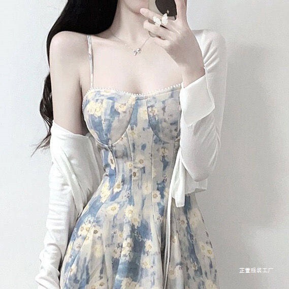 French-Style Blue Oil Painting Dress for Women, New Summer Floral Strap Beach Dress, High-End Waist-Cinching Slimming Long Dress