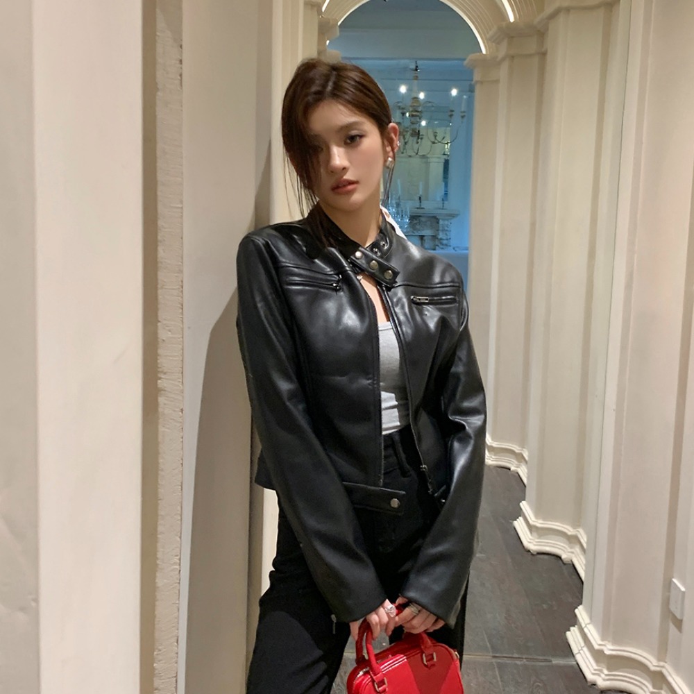 Real Shot of 2025 Autumn and Winter New American Retro Classic Black Cool Girl Stand-Up Collar Motorcycle Leather Jacket Women's Jacket Top