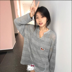 学院风镂空防晒长袖t恤女夏2025新款韩系罩衫上衣宽松透气空调衫