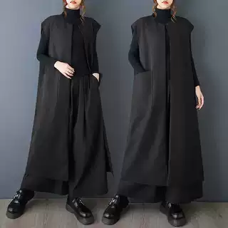 实拍春秋新款暗黑风简约双层黑色长款马甲百搭显瘦马甲开衫外套