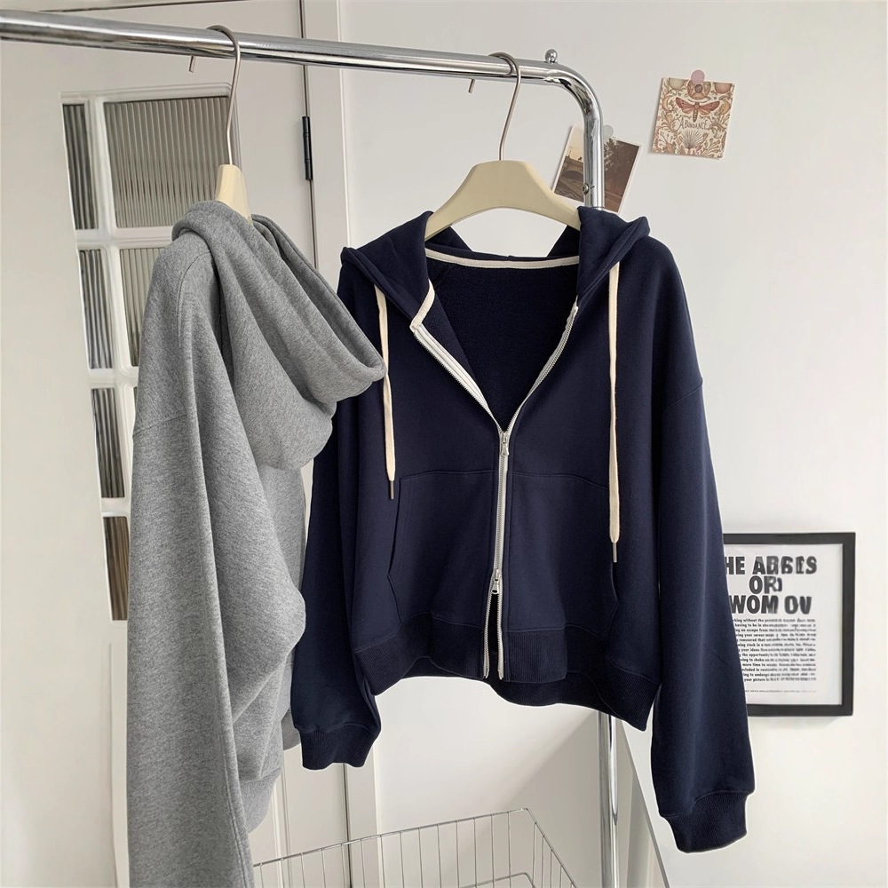 Fashionable Hooded Double Zipper Sweatshirt for Women Loose Korean Style Zipper Cardigan Autum New Simple Versatile Top Jacket