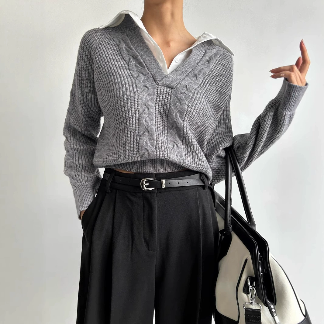 Set, shirt, sexy knitted sweater, European style, autumn