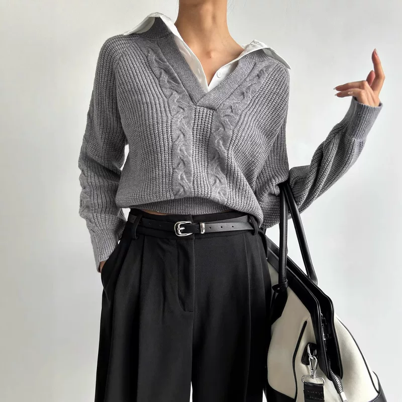 Set, shirt, sexy knitted sweater, European style, autumn
