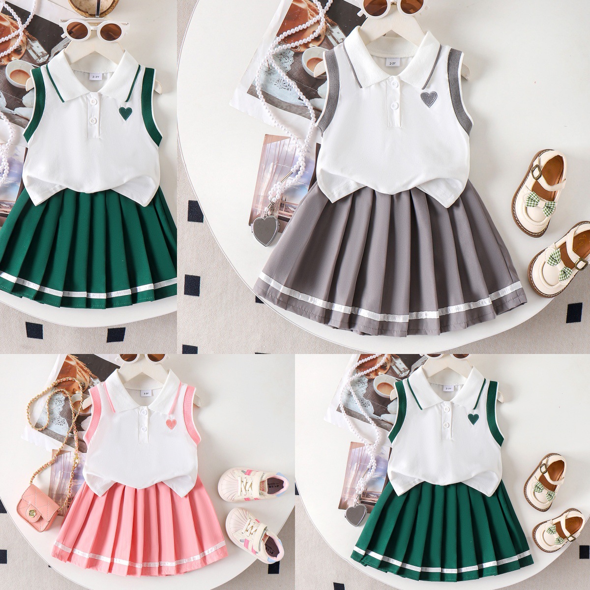 kids clothing跨境专供欧美童装女童装白色背心+短裙两件套童装