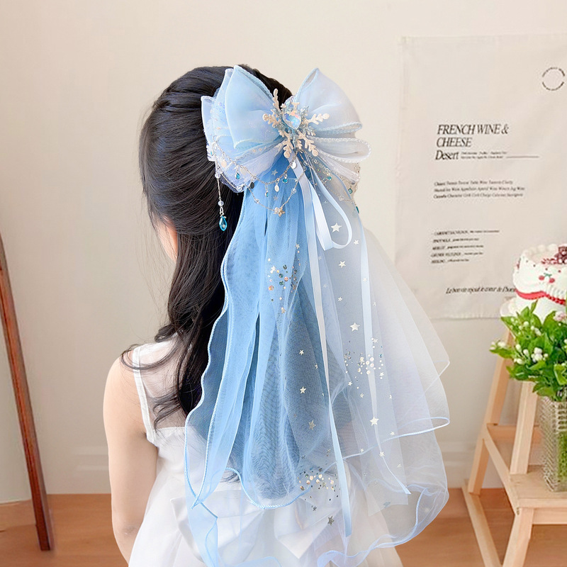 儿童头纱发夹女童蝴蝶结发卡冰雪奇缘发饰小女孩六一公主边夹头饰|undefined