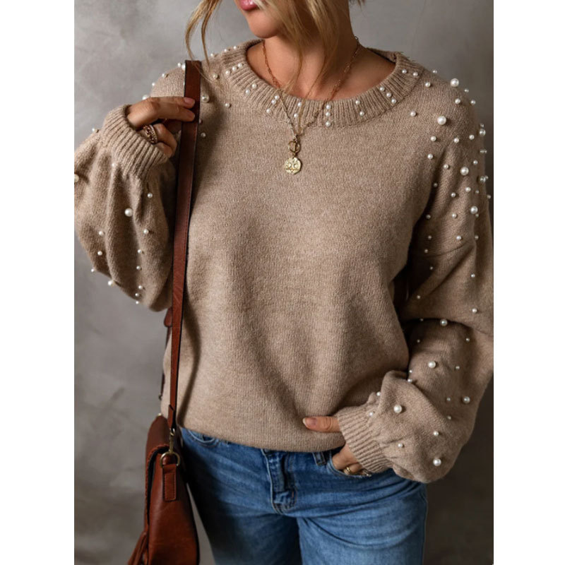 Women's Clothing autumn and winter new women's sweater loose beaded round neck pullover long sleeved knitted sweater_voghion.com