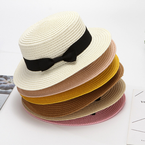 Summer Straw Hat Korean Style British Retro Flat Top Fresh and Cute Fascinator Sun Protection Beach Hat Trendy Summer Outing Hat