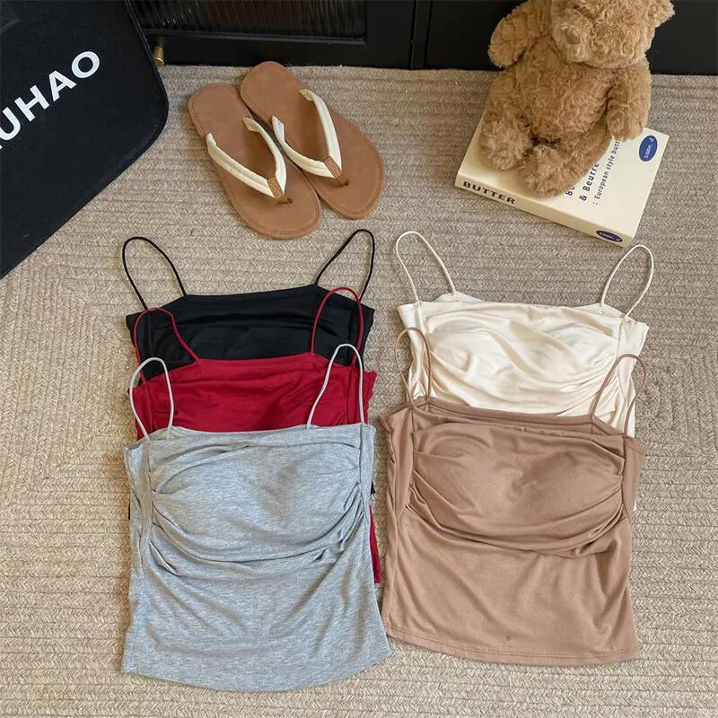 Ins High-grade Summer Sling with Chest Pad Women's Short One-line Collar Pleated Knitted Inner Sexy Vest Top