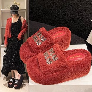 2025 Autumn New 8cm Thick-Soled Furry Slippers Women's Outerwear Wedge High Heels Indoor Stuffed Cotton Slippers