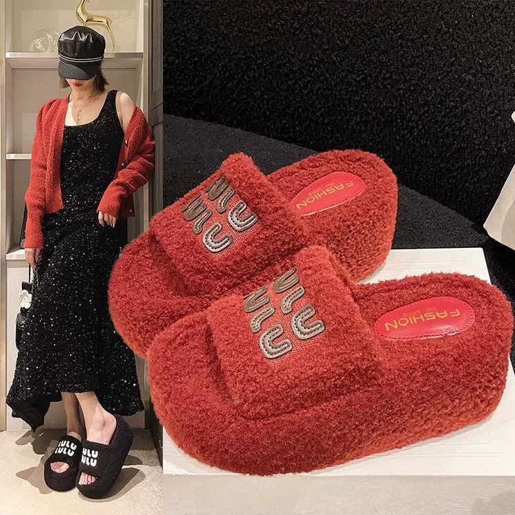 2024 осень новый 8CM шерстяные тапочки с толстой подошвы для женщин на каблуках на высоком каблуке