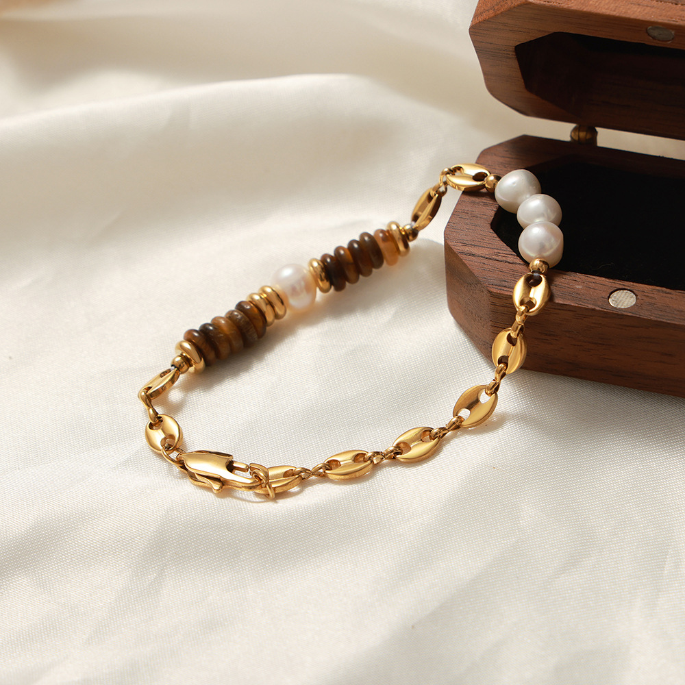 Ojo de tigre natural piedra perlas de agua dulce costura collar titanio acero cerdo nariz personalidad todo partido clavícula cadena joyería para las mujeres