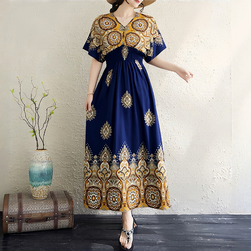 Summer Retro Literary Ethnic Style V-Neck Travel Vacation Cotton Silk Dress for Women with Five-Quarter Sleeves, Breathable Printed Dress