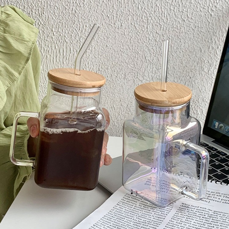 Taza de té con leche de vidrio transparente con mango Taza de vidrio simple y de gran capacidad con tapa Taza de paja de jugo de vidrio con alto contenido de borosilicato