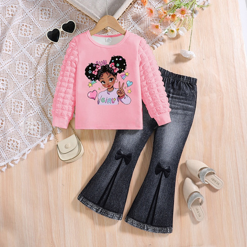 Amazon Cross-border Supply Girls' Set: Round Neck Girl Bubble Sleeve Top with Denim Bell Bottom Pants, Two-Piece Set