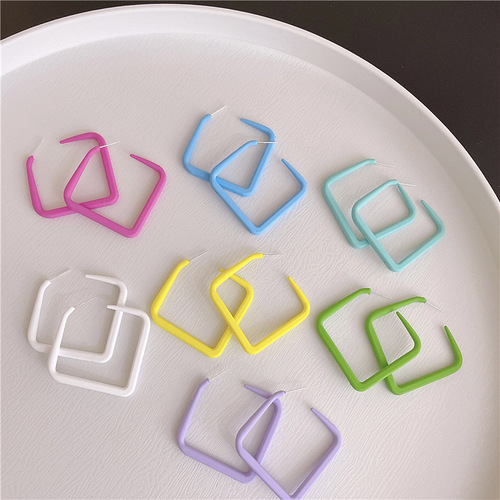Summer Hong Kong style large square frame earrings 925 silver needle C-shaped colorful hoop earrings acrylic non-pierced ear clip earrings
