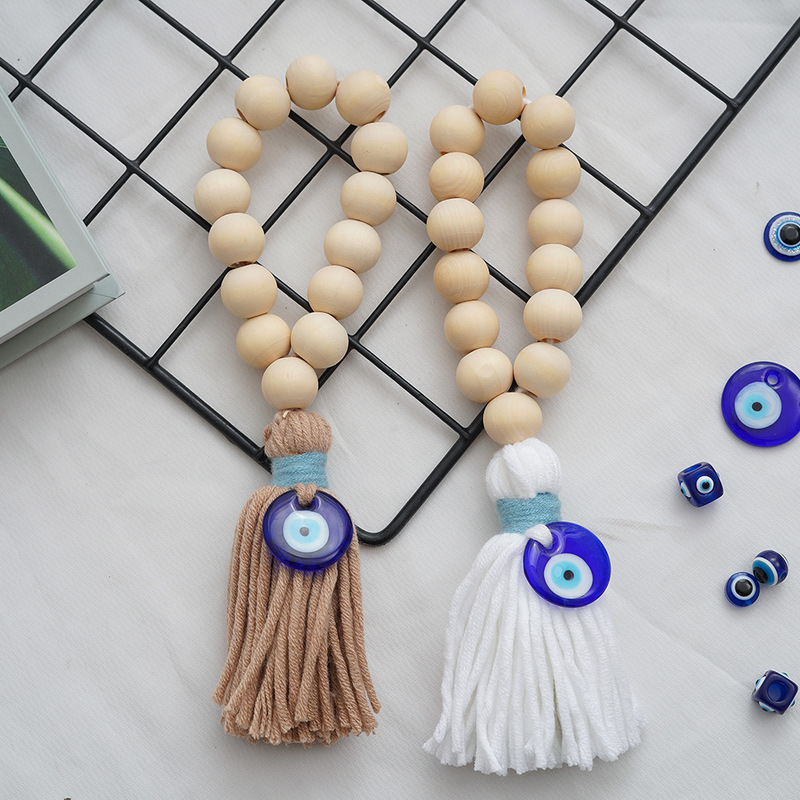Cross-Border Export Blue Eyes Wall Decorations Wooden Bead Door Handle Pendant Wool Tassel Car Rearview Mirror Pendant