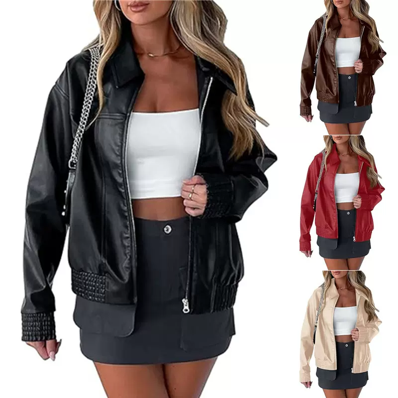 2025欧美跨境 PU皮机车夹克长袖翻领拉链侧口袋休闲风衣外套女装