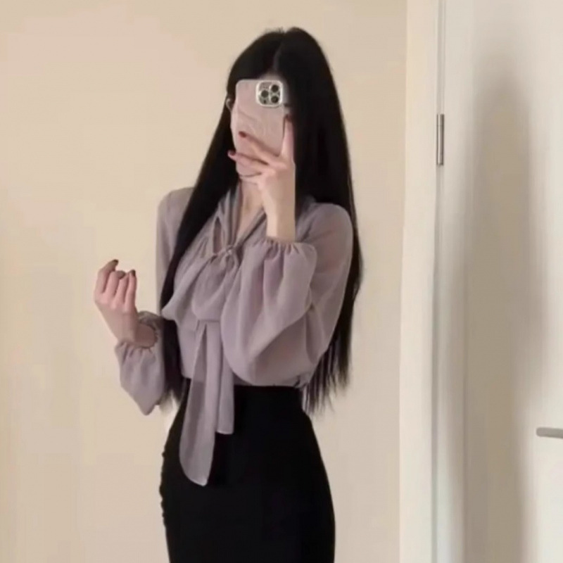 一整套韩系穿搭春秋新款轻熟风领系带衬衫上衣包臀半身裙两件套|undefined
