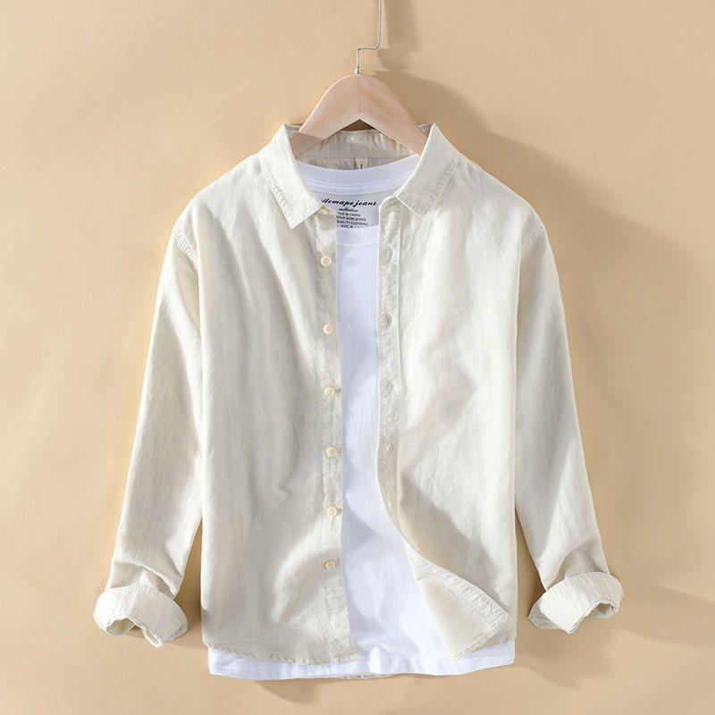 Camisa de lino de algodón casual de manga larga básica japonesa extremadamente cáñamo Camisa de lino suelta para jóvenes fresca y transpirable para hombres