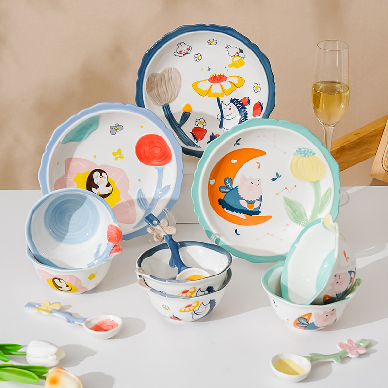 Cartoon Children's Bowl Household Cute Baby Eating Bowl Ceramic Tableware Plate Soup Bowl Noodle Bowl Hand Spoon Plate