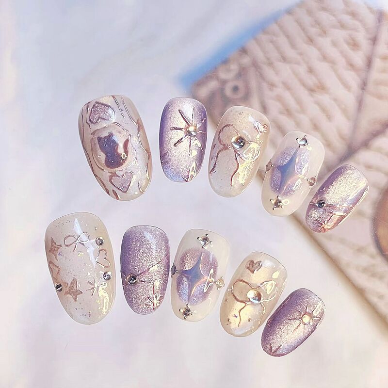 2025 New Purple Cat Eye Bohemian Wearing Armor Cat Bow Love Short Nail Art Patch