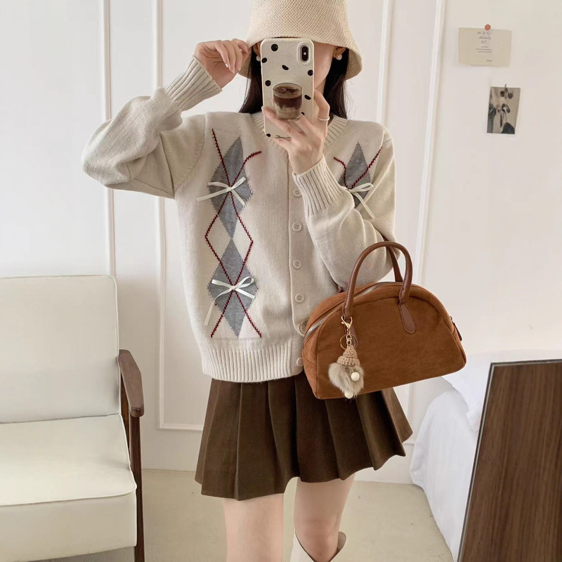 菱形格纹蝴蝶结针织开衫女秋季新款韩系设计感毛衣小个子上衣女|undefined