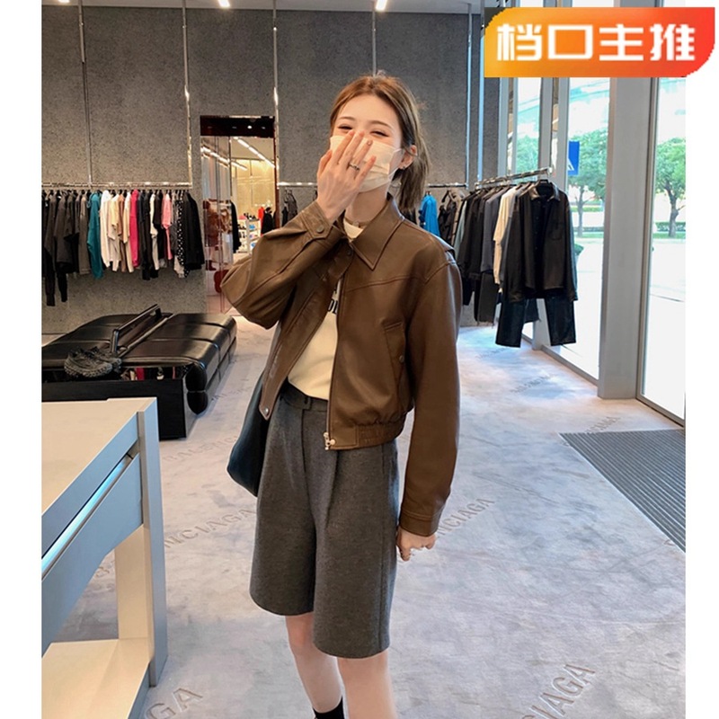 aaaaxbbb 80s腔调 复古机车服短款棕色痞帅皮衣美式休闲夹克外套|undefined