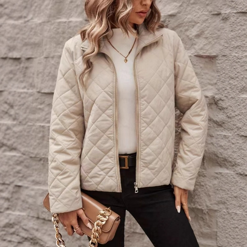 European and American 2025 New Autumn and Winter Solid Color Long-Sleeve Turn-Down Collar Diamond Quilted Elegant Loose Women's Warm Coat Trendy
