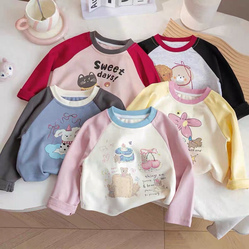[48H Delivery] Bottoming Shirt for Girls, Cartoon Style Top for Girls, Autumn and Winter Long-Sleeved T-Shirt, Fashionable Baby Girl
