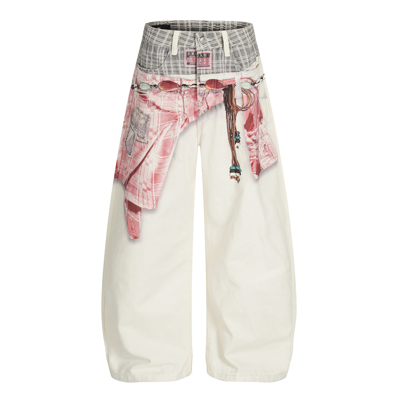 Dc+ American-Style Plaid Shirt, Printed Scimitar Jeans, Men's High Street Loose Baggy Patchwork White Wide-Leg Pants