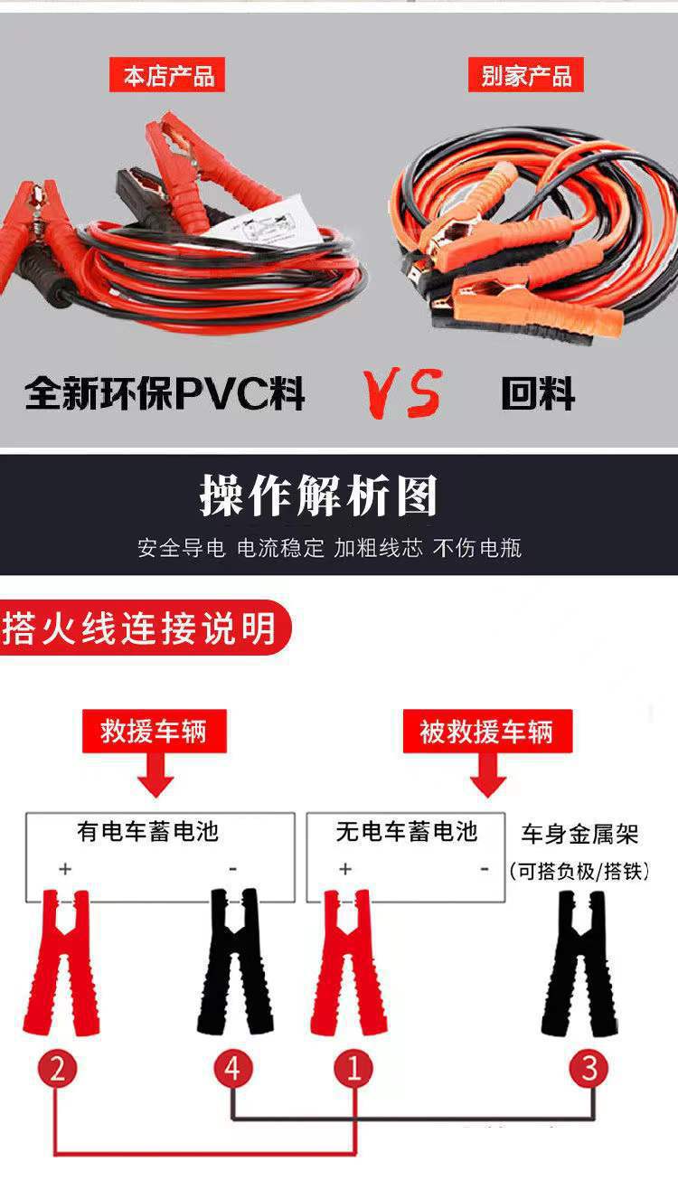 Car battery jumper cable, pure copper thickened jumper cable, battery jumper cable with clamps