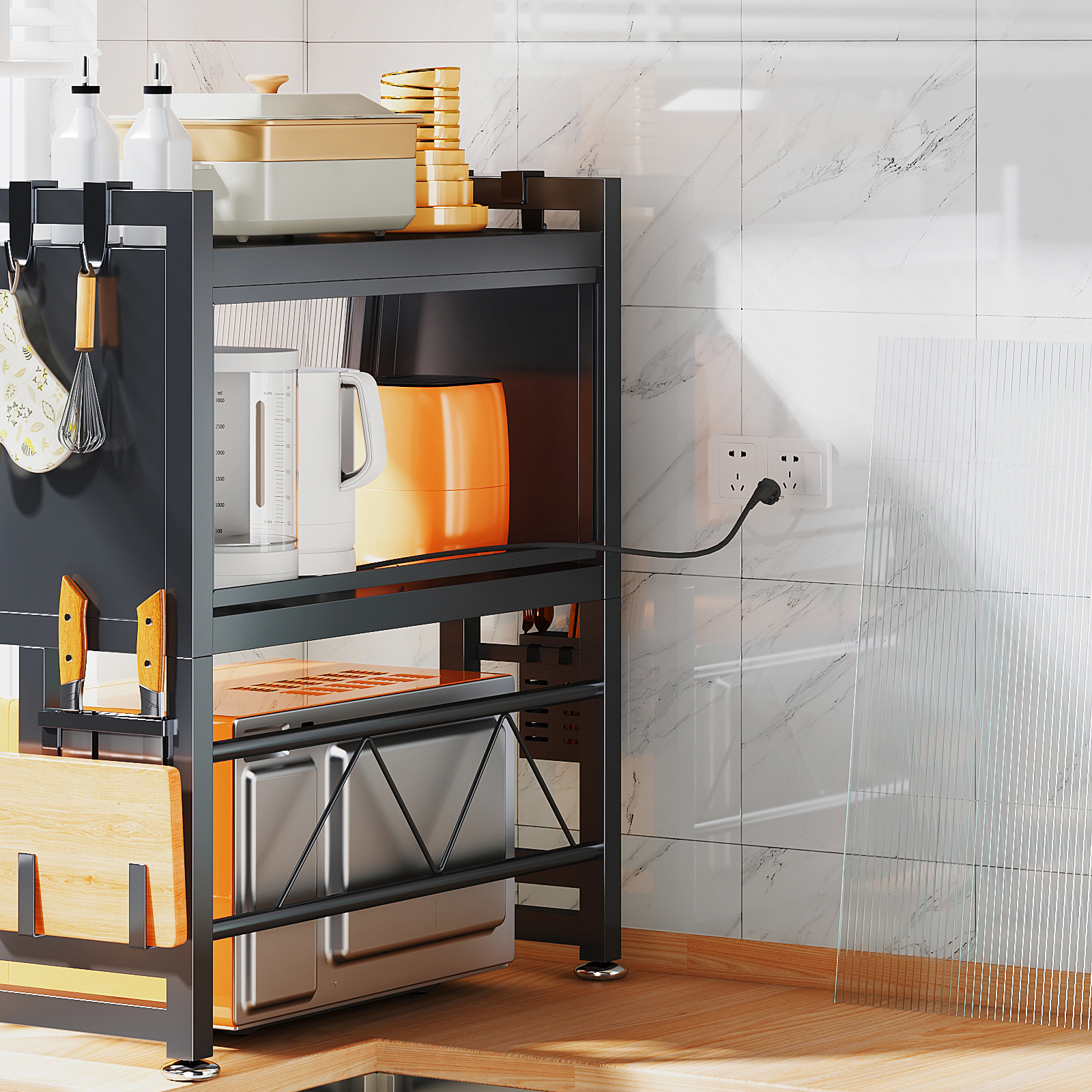 Cocina horno microondas rack encimera estante de almacenamiento de doble capa con gabinete puerta gabinete horno tabla de cortar palillos rack de almacenamiento