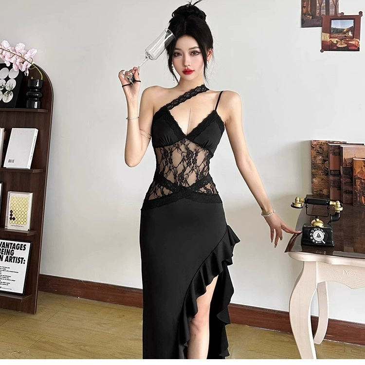 Французское темное стильное королевское кружевное платье на подтяжках для женщин, весенняя нишевая утягивающая длинная юбка с разрезом нерегулярной формы