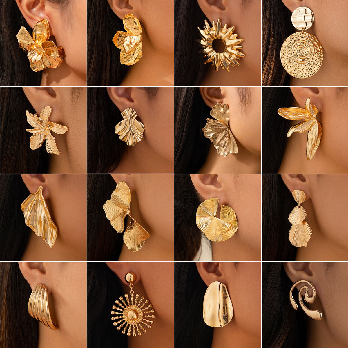 欧美夸张大耳环 液态风金属光面纹理感耳钉 跨境银杏叶朋克耳饰品