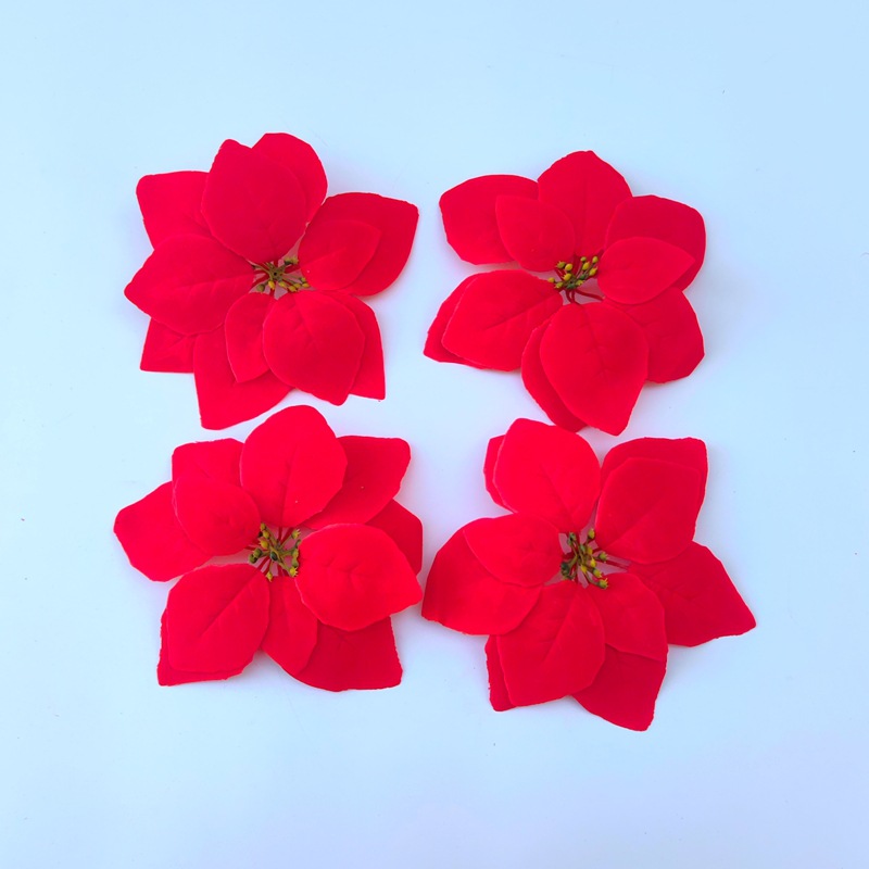 Navidad decoración Poinsettia flor artificial salón decoración en maceta Flor de seda roja franela ramo de flores de plástico