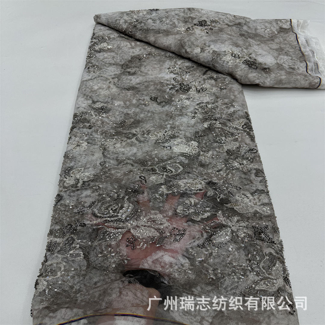 复古印花珠片刺绣面料婚纱礼服旗袍绣花软网纱米珠蕾丝辅料Fabric