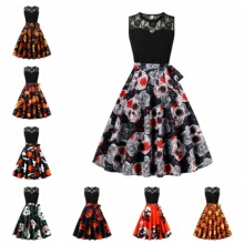 D万圣节女装新跨境厂家欧美复古裙蕾丝圆领无袖拼印花大摆连衣裙