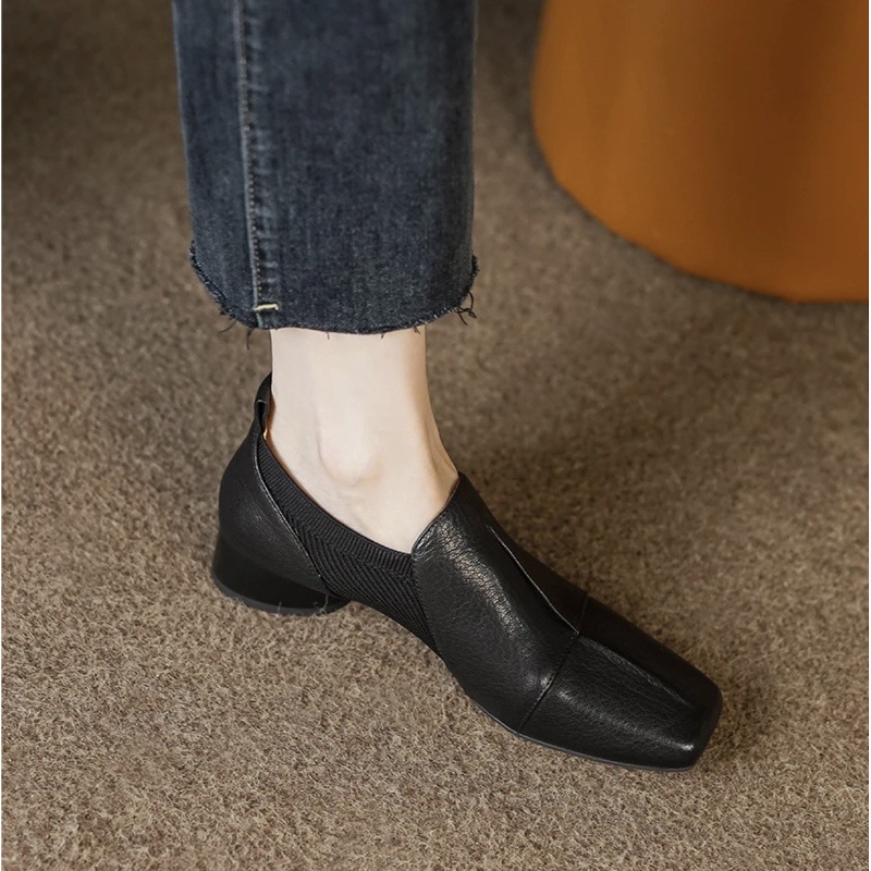 Scarpe da donna in pelle versatili con tacco medio e punta quadrata, tacco grosso e scollatura profonda, dallo stile vintage di alta gamma, scarpe con tacco alto._voghion.com