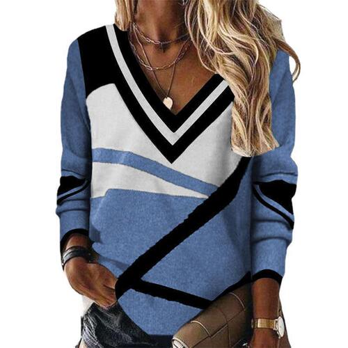 New European and American cross-border women's clothing style Amazon AliExpress V-neck contrasting geometric print style loose long-sleeved sweater