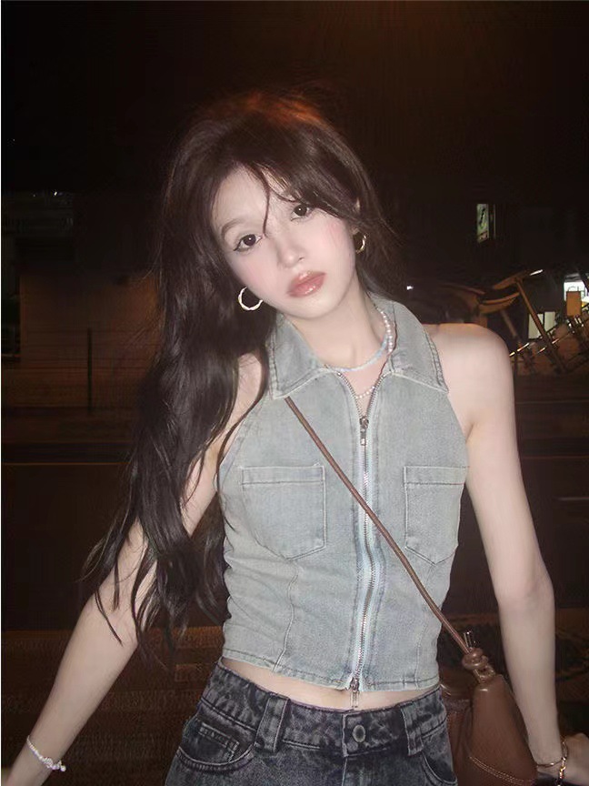 辣妹纯欲上衣设计感小众短款夏季拉链牛仔挂脖式吊带背心马甲女潮