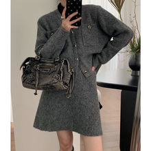 小香风毛衣开衫套装裙女秋冬法式高级感新款灰色短裙针织衫两件套